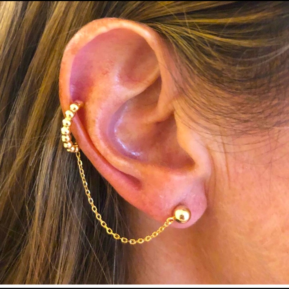 Gold ball stud with chain and ear cuff
